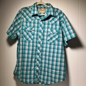 Wrangler Western Shirt Short Sleeve Pearl Snap Men's XL Blue & White